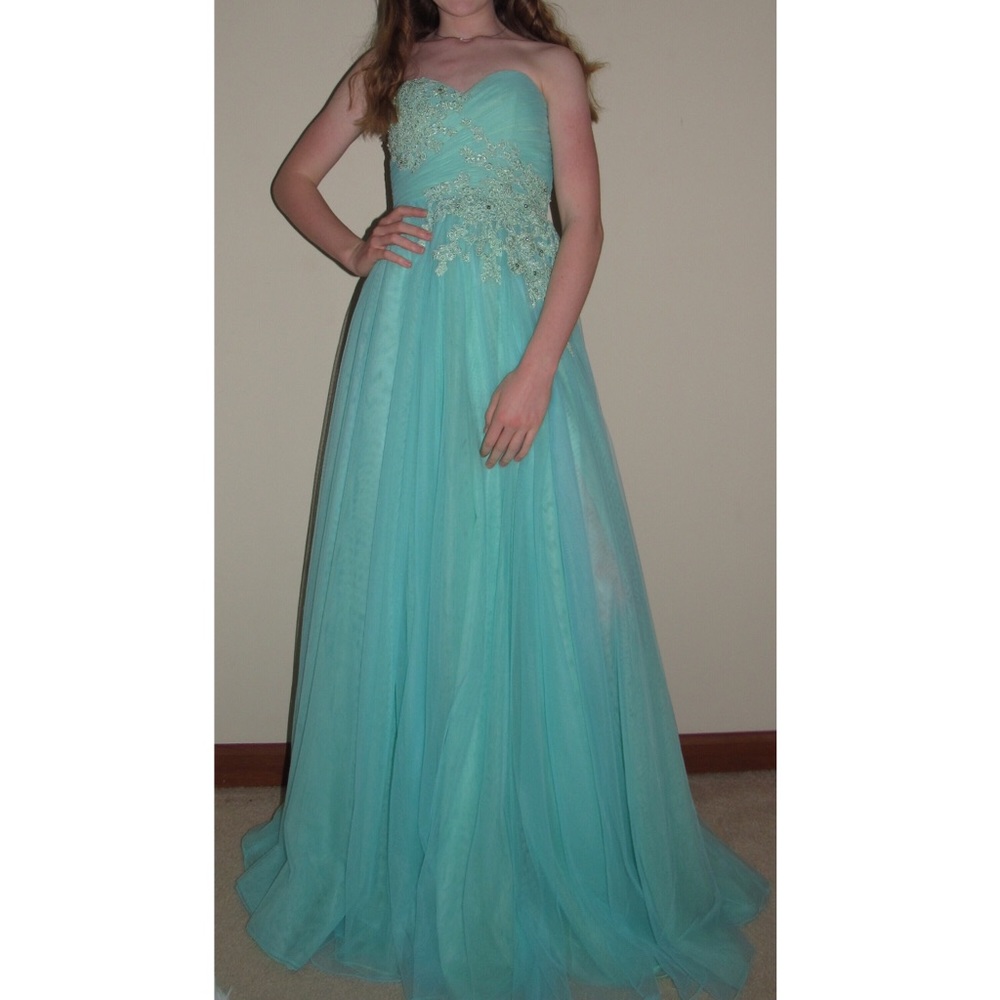 Blue/Green Sherri Hill Strapless Prom Formal Dress